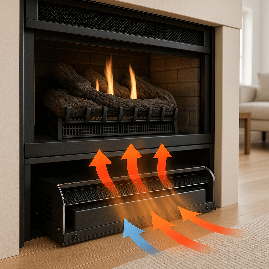 Gas fireplace blower system circulating warm air