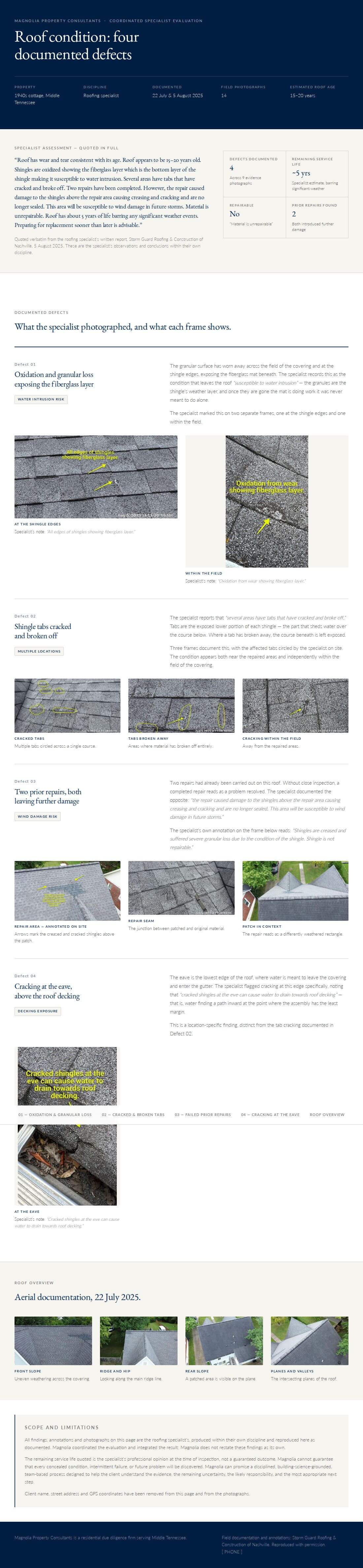 Roofing specialist report documenting four defects across fourteen field photographs