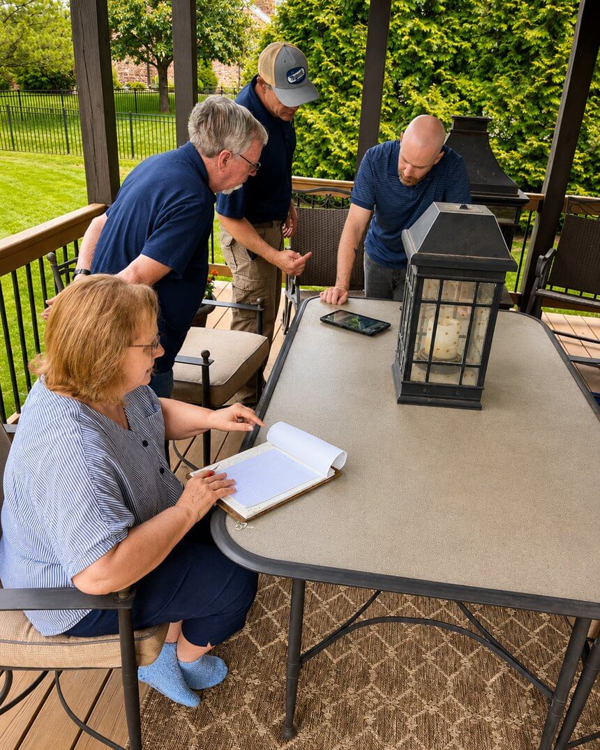 A Magnolia Consultant reviewing findings with clients and the team on a covered deck